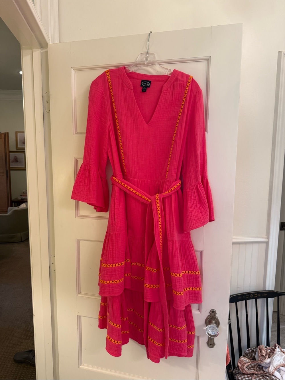 Hot Pink Festive Tiered Mini Dress with Orange Embroidered Trim